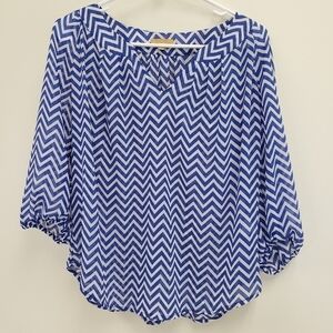 Takara Vneck Chevron Blue White Sheer Top Size Small